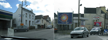 Panneaux sur façade maisons en centre ville, Grands panneaux en centre ville