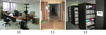 10/ Exemple nouveau bureau après transfert. 11/ Protection des sols lors du transfert. 12/ Zone de stockage archives communes en étage. 